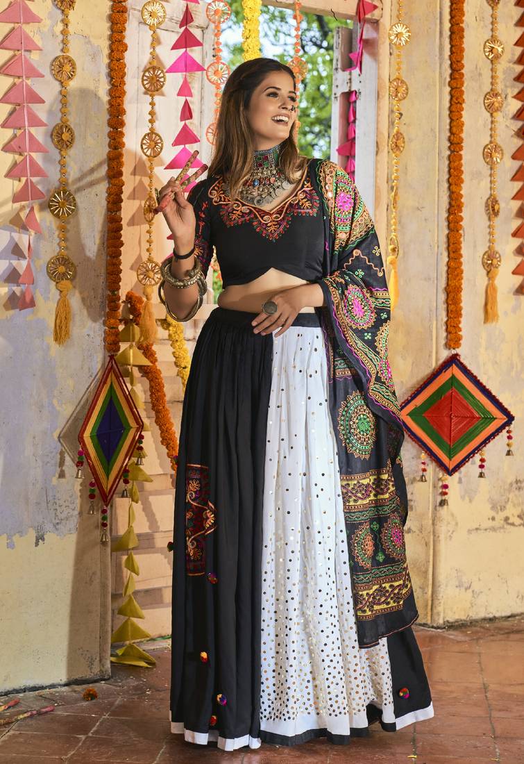 Black & White Thread Embroidered Maslin Cotton Traditional Navratri Dandiya Raas Festival Semi Stitched Lehenga Choli