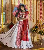 White & Red Thread Embroidered Silk Traditional Navratri Dandiya Raas Garba Festival Semi Stitched Lehenga Choli