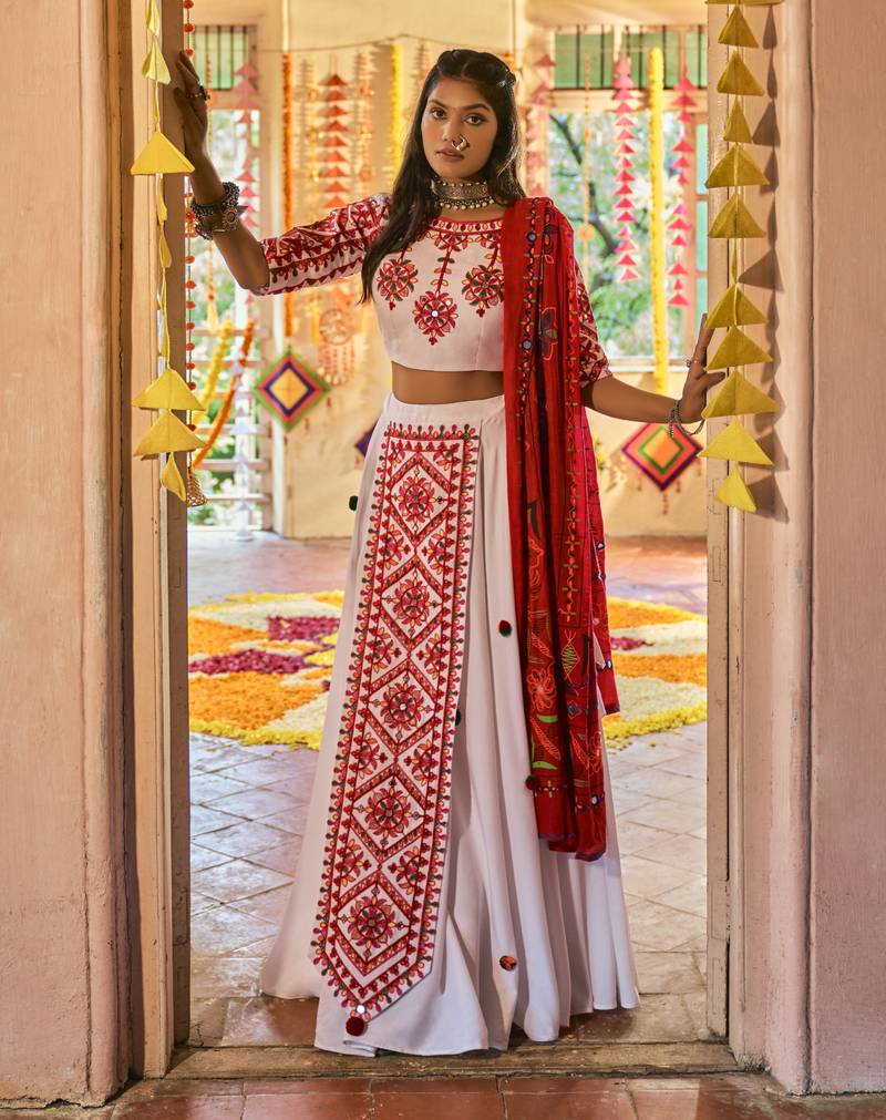 White & Red Thread Embroidered Silk Traditional Navratri Dandiya Raas Garba Festival Semi Stitched Lehenga Choli