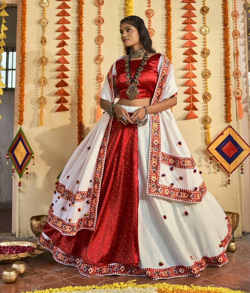White & Red Thread Embroidered Silk Traditional Navratri Dandiya Raas Garba Festival Semi Stitched Lehenga Choli