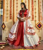 White & Red Thread Embroidered Silk Traditional Navratri Dandiya Raas Garba Festival Semi Stitched Lehenga Choli
