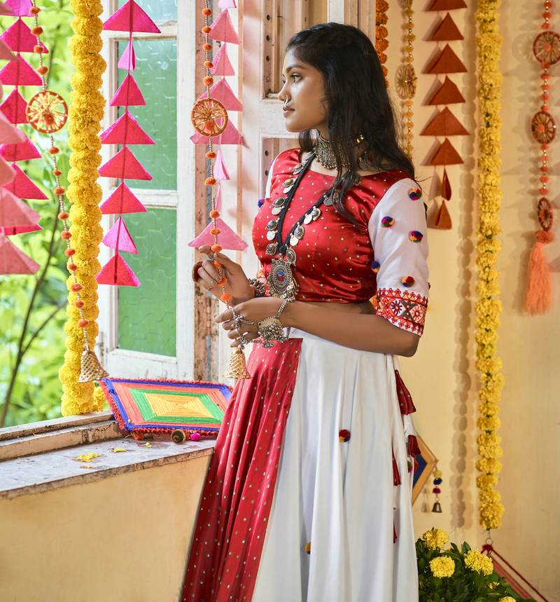 White & Red Thread Embroidered Silk Traditional Navratri Dandiya Raas Garba Festival Semi Stitched Lehenga Choli
