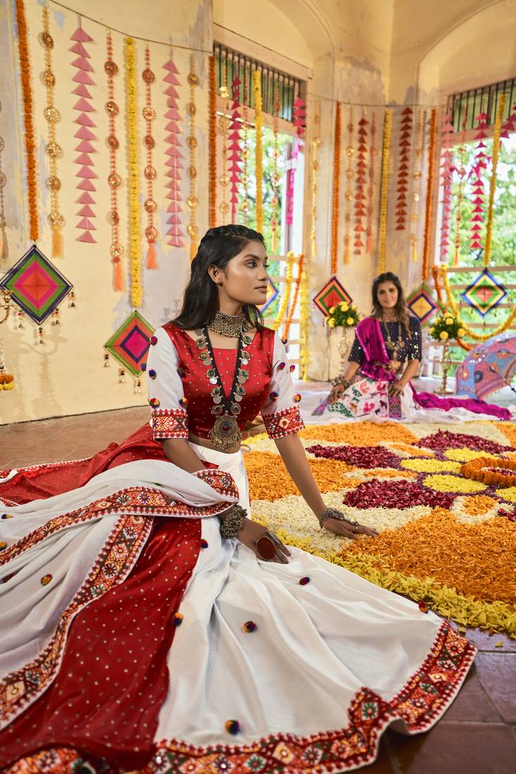 White & Red Thread Embroidered Silk Traditional Navratri Dandiya Raas Garba Festival Semi Stitched Lehenga Choli