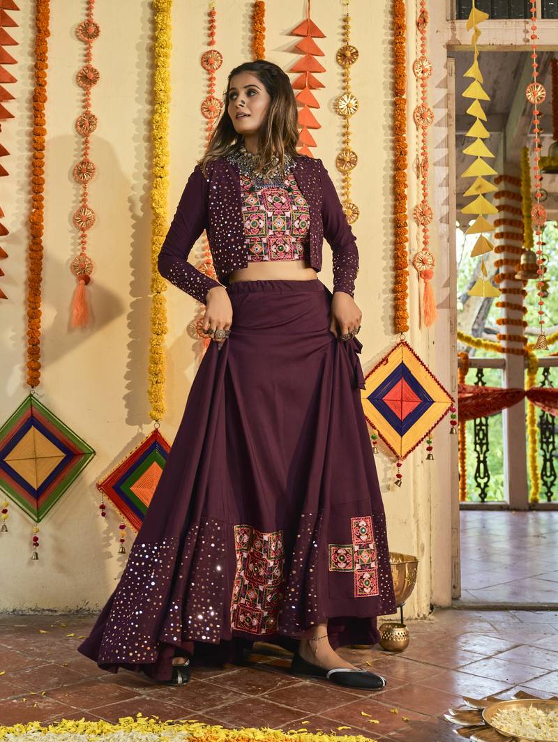 Purple Thread Embroidered Silk Traditional Navratri Dandiya Raas Garba Festival Semi Stitched Lehenga Choli