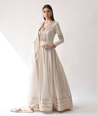 Ivory Hand Embroidered Kalidar Anarkali Set 6