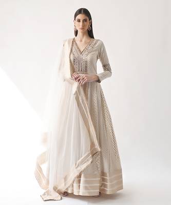 Ivory Hand Embroidered Kalidar Anarkali Set 7