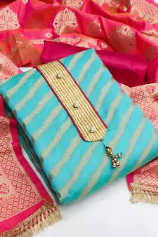 Sea-Green Stripes Print Banarasi Salwar
