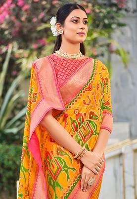 Mustard printed brasso saree with blouse 2