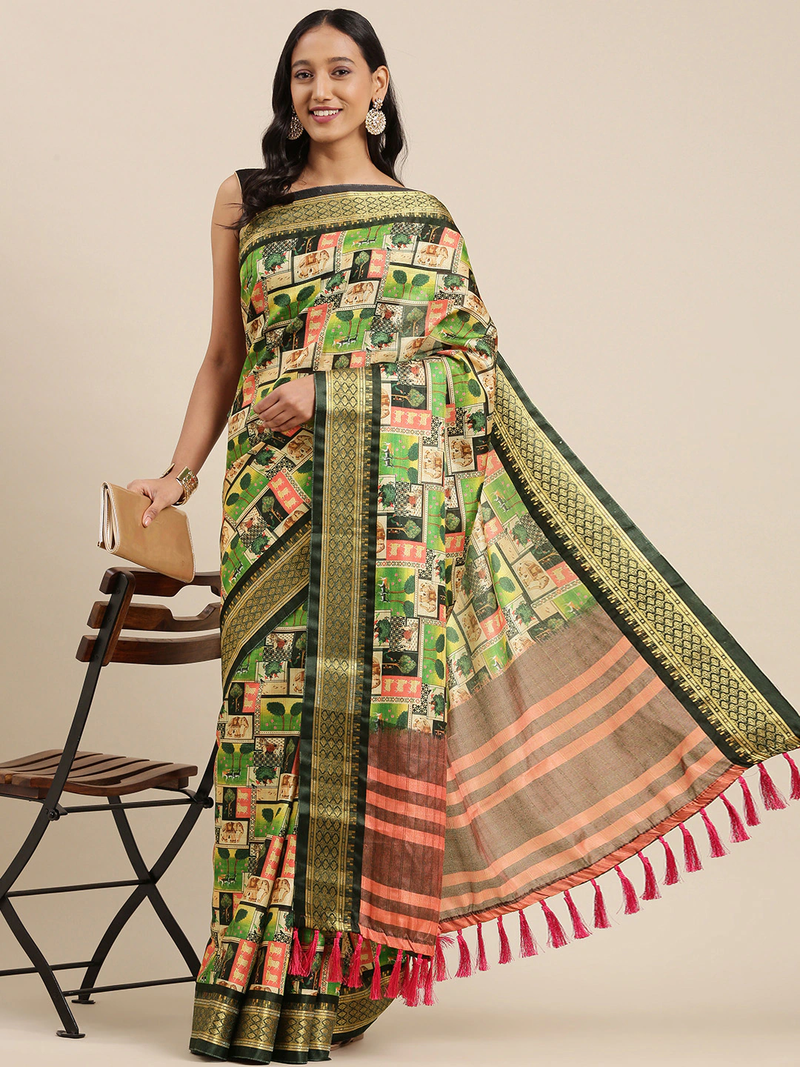 VASTRANAND Green & Pink Kalamkari Print Uppada Saree vastranand 3922577