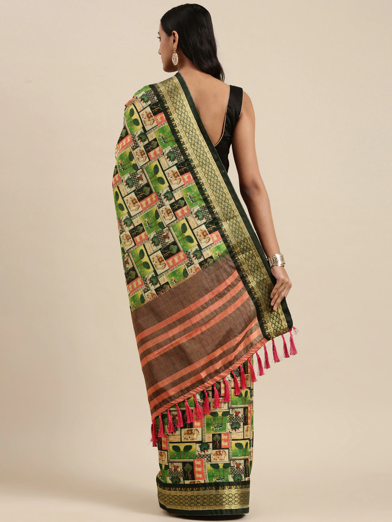 VASTRANAND Green & Pink Kalamkari Print Uppada Saree vastranand 3922577