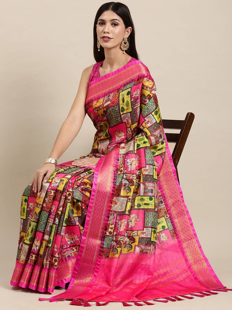 VASTRANAND Pink & Green Kalamkari Print Uppada Saree vastranand 3922582