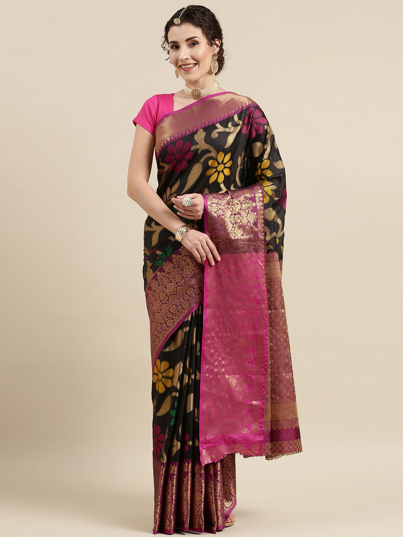 VASTRANAND Black & Pink Woven Design Zari Silk Blend Kanjeevaram Saree ...