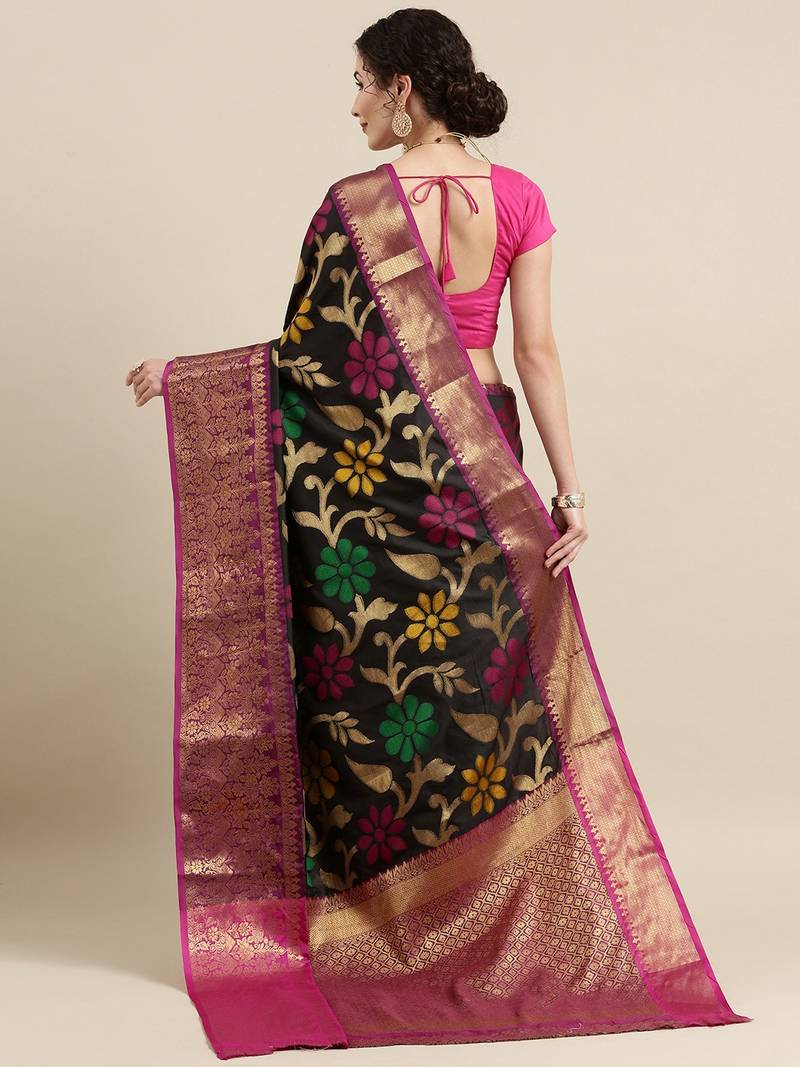 VASTRANAND Black & Pink Woven Design Zari Silk Blend Kanjeevaram Saree ...