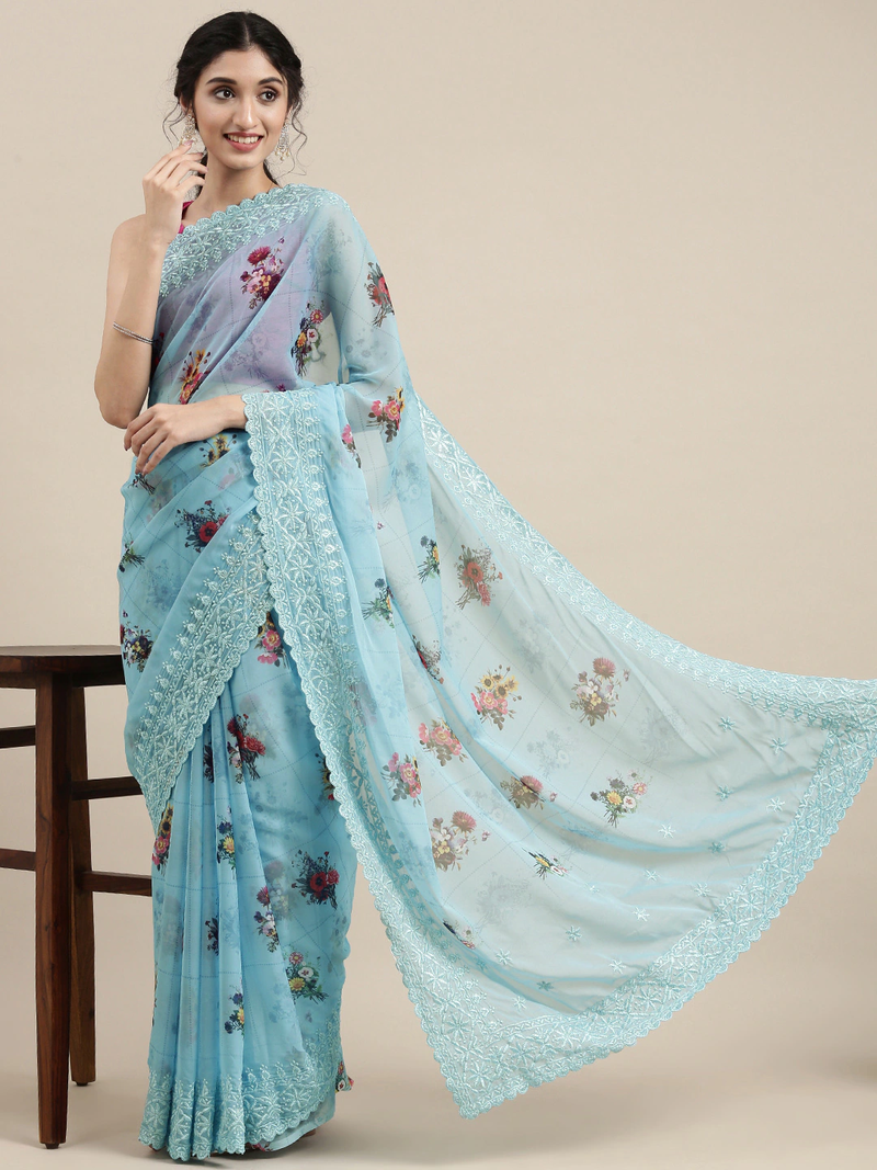 VASTRANAND Blue printed Embroidered Saree