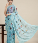 VASTRANAND Blue printed Embroidered Saree