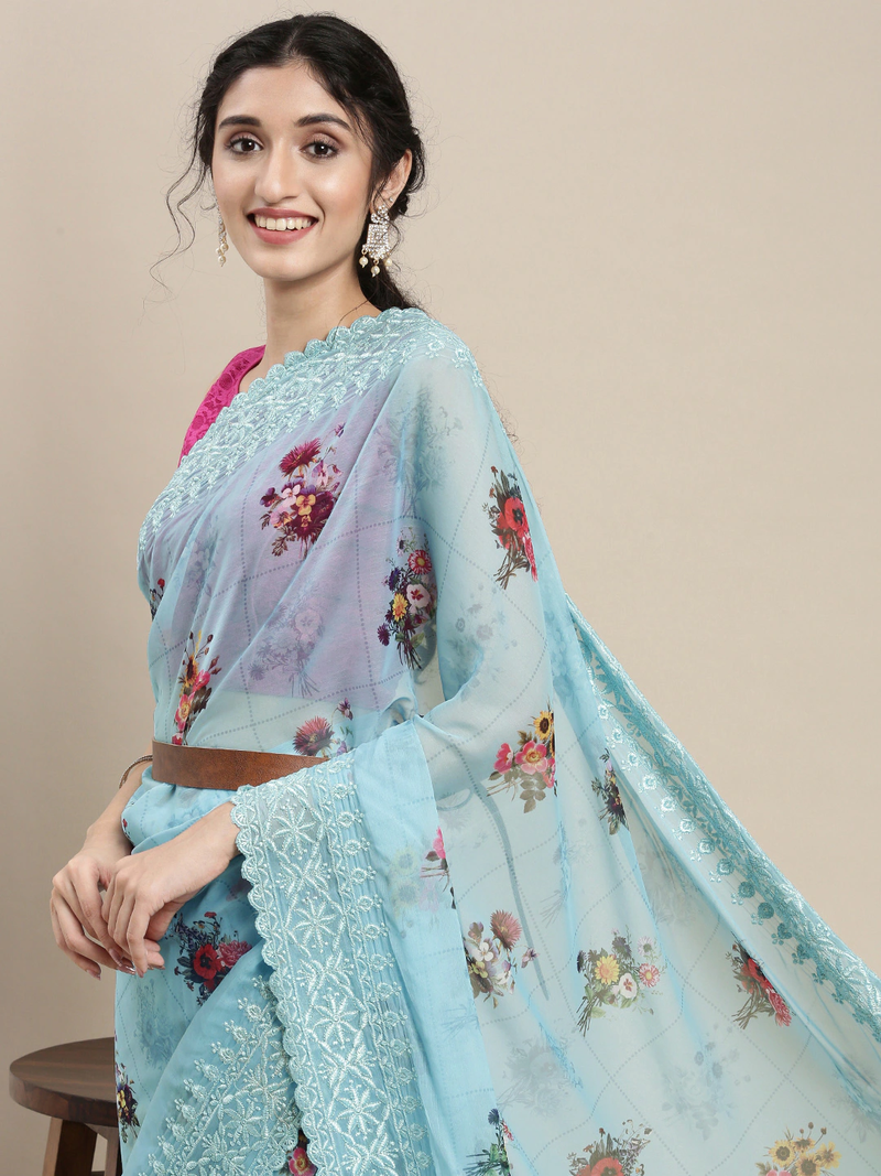 VASTRANAND Blue printed Embroidered Saree