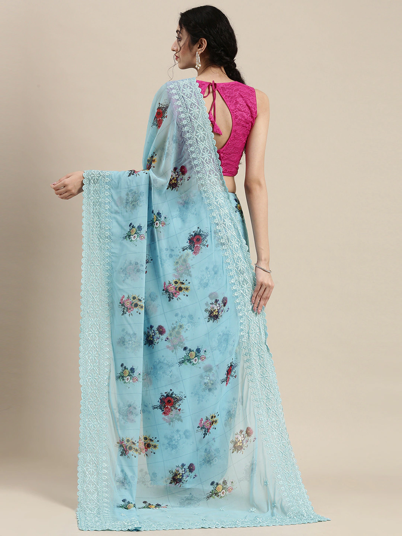 VASTRANAND Blue printed Embroidered Saree