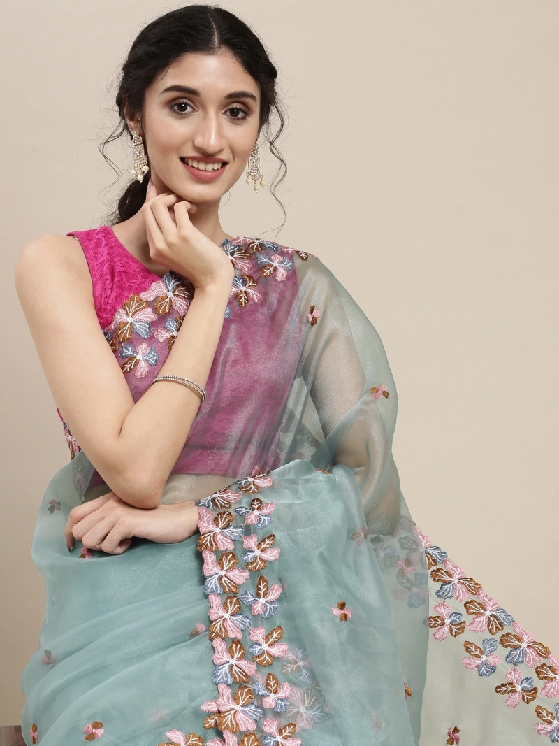 VASTRANAND Blue printed Embroidered Organza Saree - VASTRANAND - 3922680