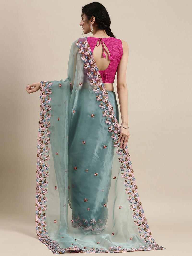 VASTRANAND Blue printed Embroidered Organza Saree - VASTRANAND - 3922680