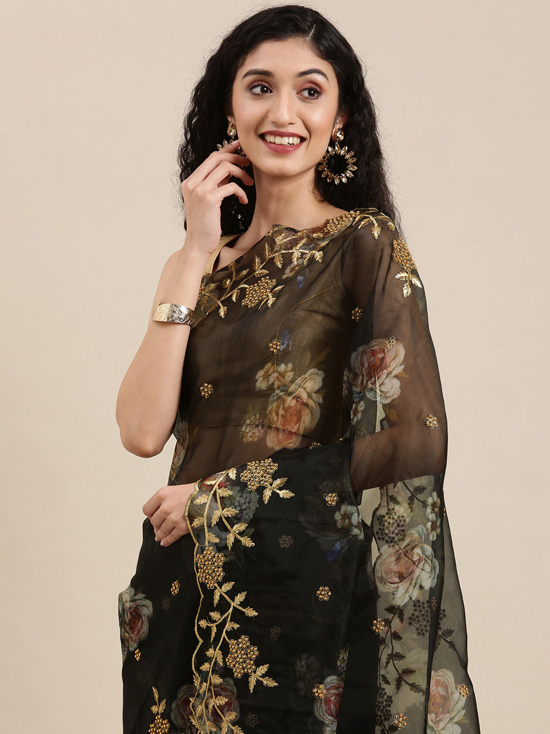 VASTRANAND Black Kalamkari Beads and Stones printed Print Organza Saree
