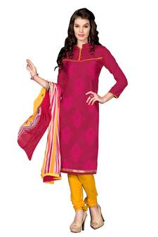 Magenta Embroidered Chanderi unstitched salwar with dupatta