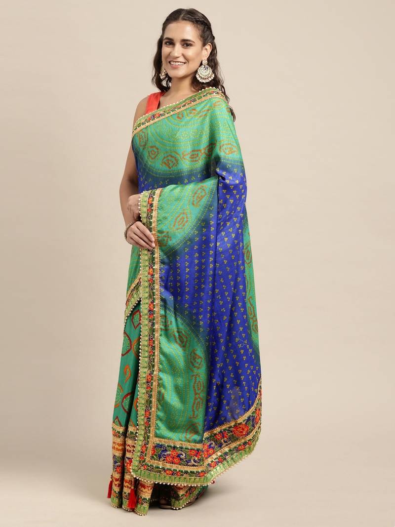 VASTRANAND Blue & Green Sequinned Bandhani Saree