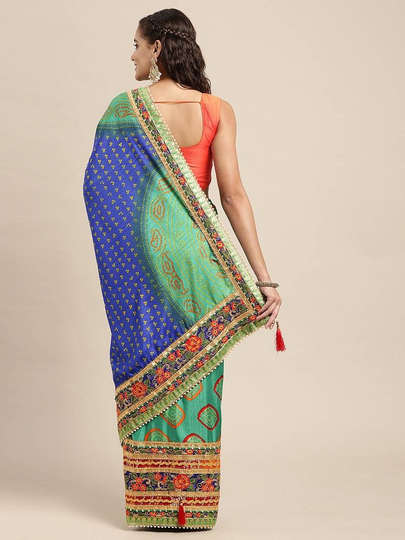 VASTRANAND Blue & Green Sequinned Bandhani Saree