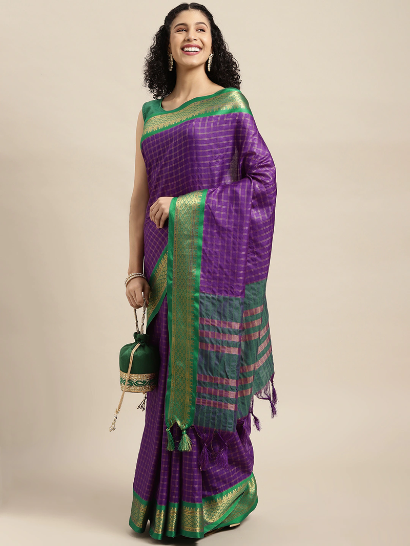 VASTRANAND Purple Checked Zari Pure Silk Gadwal Saree