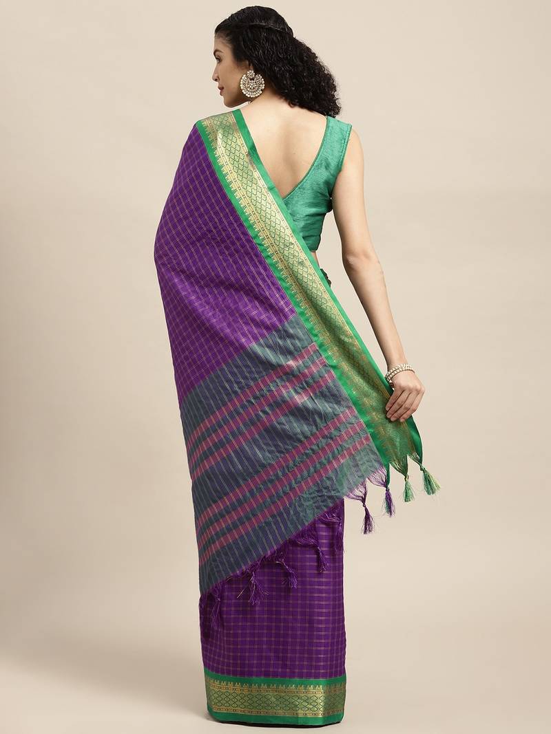 VASTRANAND Purple Checked Zari Pure Silk Gadwal Saree