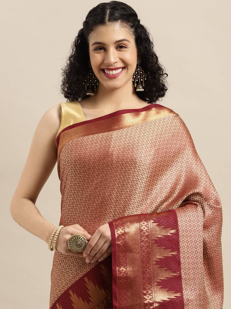 VASTRANAND Maroon & Golden Woven Design Banarasi Saree