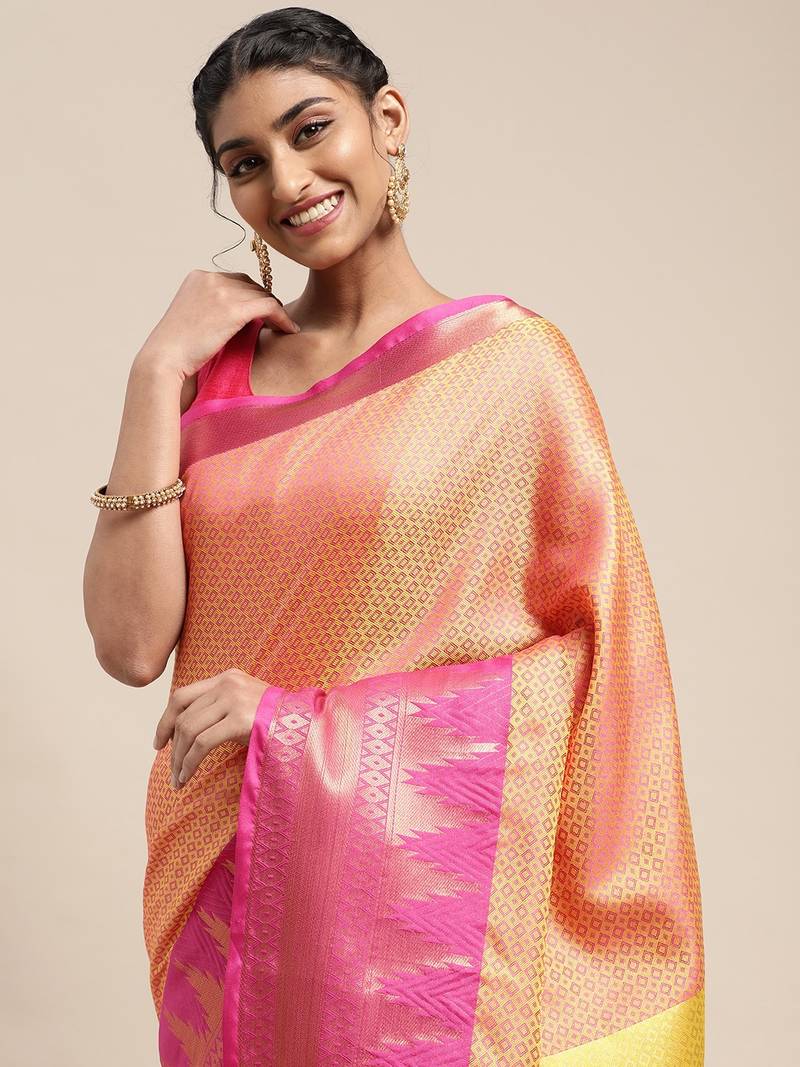 VASTRANAND Cream-Coloured & Pink Woven Design Banarasi Saree