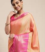 VASTRANAND Cream-Coloured & Pink Woven Design Banarasi Saree