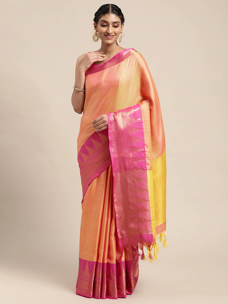 VASTRANAND Cream-Coloured & Pink Woven Design Banarasi Saree