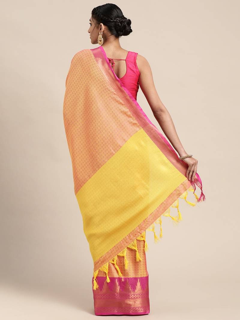 VASTRANAND Cream-Coloured & Pink Woven Design Banarasi Saree