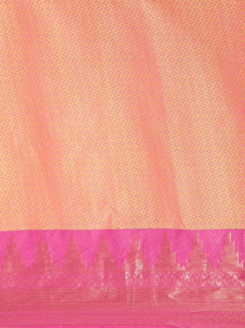 VASTRANAND Cream-Coloured & Pink Woven Design Banarasi Saree