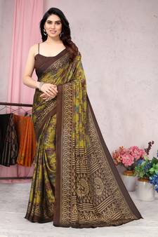 Green Chiffon Printed Floral Saree