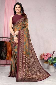 Orange printed chiffon saree with blouse