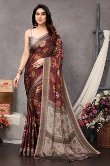 Maroon printed chiffon saree with blouse
