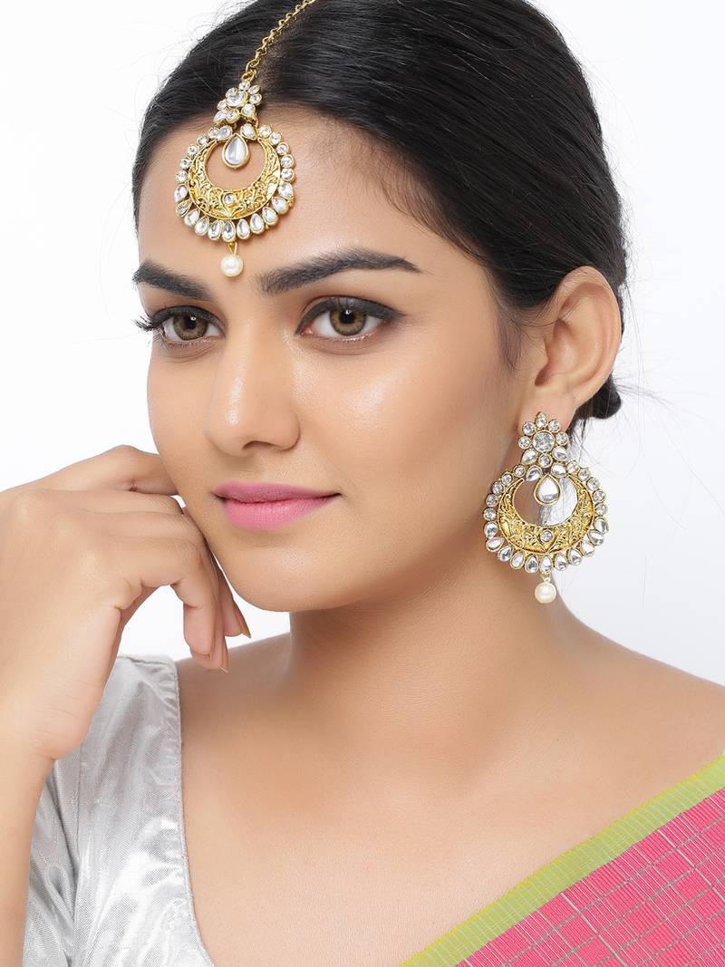 Brass and Kundan Maang Tikka And Earrings Set for Women & Girls