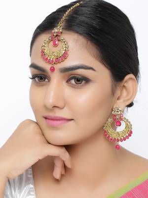 Brass and Kundan Maang Tikka And Earrings Set for Women & Girls 1