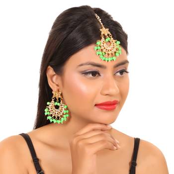 Kundan Moti Gold Platted Wedding Maang Tikka and Earrings Set for Women Girls 1