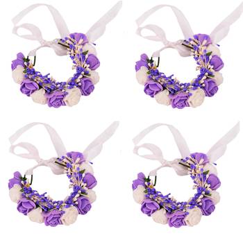 Floral Purple & White Color Fabric Handmade Wrist band/Bracelet for Men/Women/Kids - Pack of 4 1
