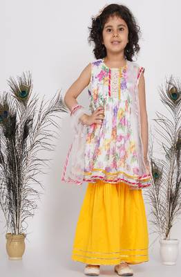 Little Bansi Floral Sequence frock kurta with Lacework and Gota sharara and lacework duppata - White & Yellow 1