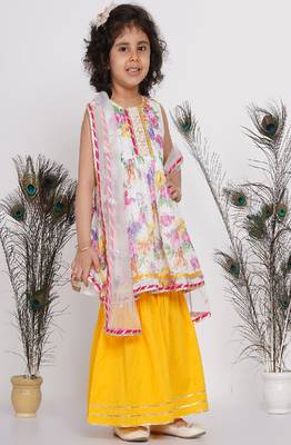 Little Bansi Floral Sequence frock kurta with Lacework and Gota sharara and lacework duppata - White & Yellow 2