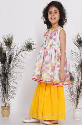 Little Bansi Floral Sequence frock kurta with Lacework and Gota sharara and lacework duppata - White & Yellow 3