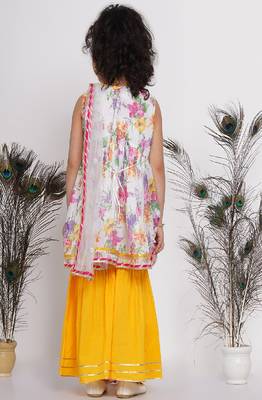 Little Bansi Floral Sequence frock kurta with Lacework and Gota sharara and lacework duppata - White & Yellow 4