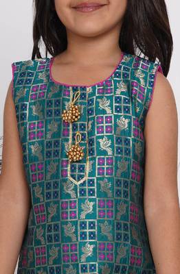 Little Bansi Bird Print Banarsi Kurta with Salwar and Dupatta - Peacock Green and Rani 2