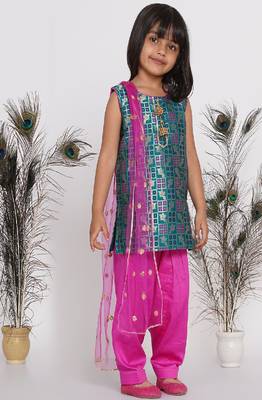 Little Bansi Bird Print Banarsi Kurta with Salwar and Dupatta - Peacock Green and Rani 3