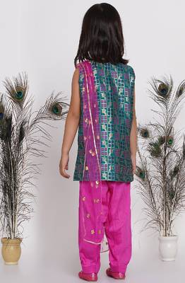 Little Bansi Bird Print Banarsi Kurta with Salwar and Dupatta - Peacock Green and Rani 5