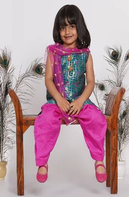 Little Bansi Bird Print Banarsi Kurta with Salwar and Dupatta - Peacock Green and Rani 6